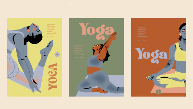 Templates de posters con ilustraci&oacute;n vectorial, Ejercicio y Bienestar - Mujer Latina Practicando Yoga en diferentes posturas. Diversidad de cuerpos.