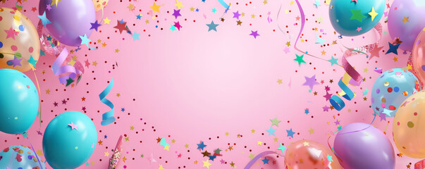 A cheerful birthday card background with balloons, stars, and streamers framing the edges, leaving room for copy in the center.