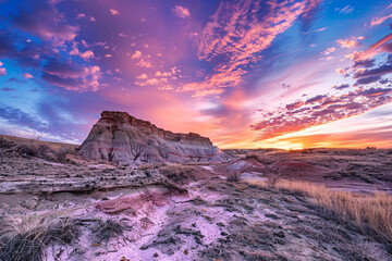 Obraz premium A vibrant sunset at the desert with colorful land, creating a warm and peaceful atmosphere. Suitable for travel and nature-related usage.