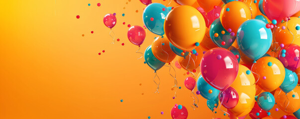 A lively background featuring balloons in bright colors, floating against a vibrant orange background with space for copy.