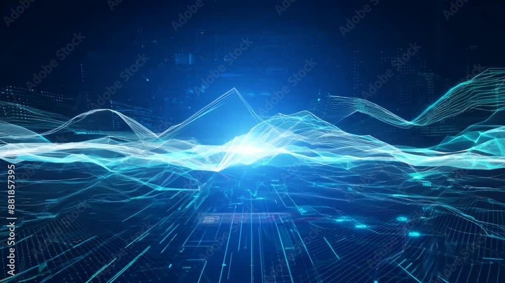 Poster abstract blue background with lines and fractal patterns featuring light effects and technological d