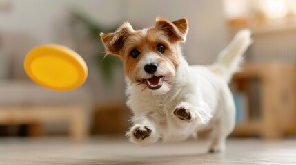 A lively dog jumping in the air to catch a frisbee indoors. The room is bright and inviting, showcasing the playful and active nature of the pet, highlighting fun and activity.