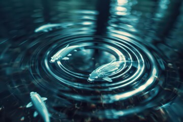 A supernatural scene unveils a tranquil lake where the surface shimmers with holographic ripples and spectral fish glide beneath the water