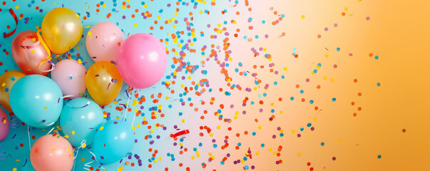 A party-themed background featuring colorful balloons, confetti, and streamers against a bright backdrop, with space for text.