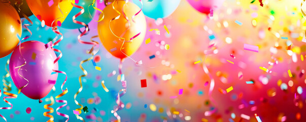 A party-themed background featuring bright streamers, balloons, and confetti against a dynamic, colorful backdrop, with space for text.