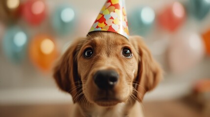 A dog wearing a festive party hat is surrounded by colorful balloons, creating a lively and joyful scene perfect for celebrations and special occasions.