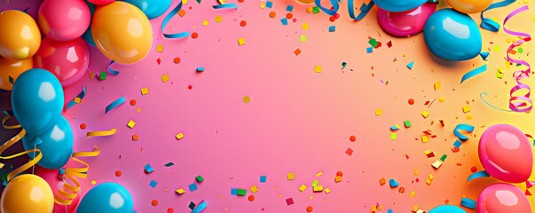 A vibrant birthday card background with a border of colorful balloons and streamers, leaving a blank area in the center for a message.