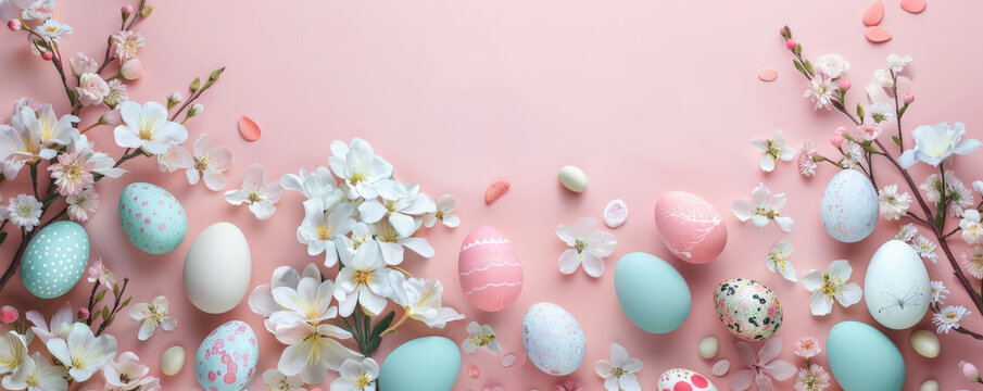 A festive background featuring Easter eggs, spring flowers, and pastel colors, creating a cheerful and seasonal atmosphere with space for text.