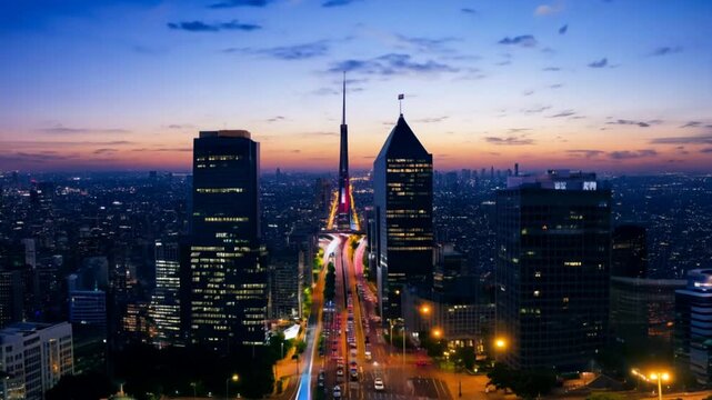Establishing wide timelapse: A bustling city intersection at dusk. Skyscrapers light up as cars and pedestrians move rapidly through the scene. The camera ascends to reveal the entire cityscape