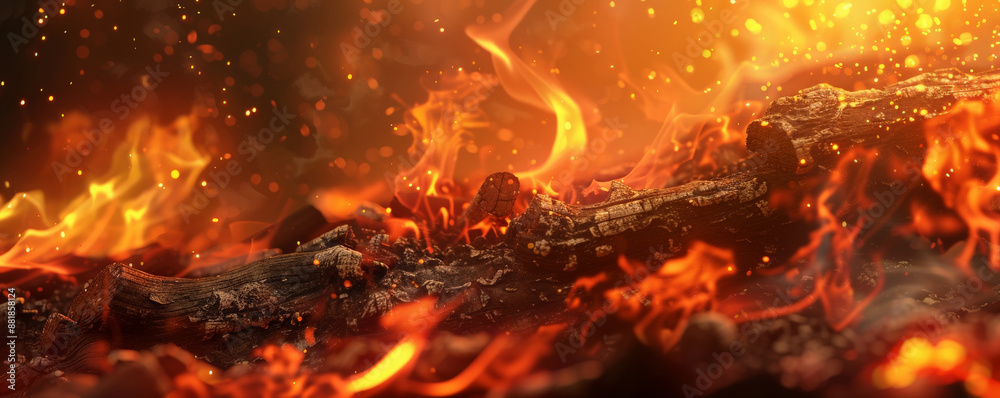 Wall mural a fire background with flames consuming a pile of logs, creating a dynamic and intense visual effect