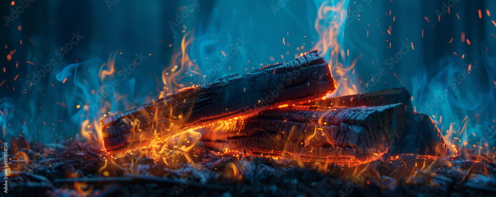 Wall mural a fire background with flames consuming a pile of logs, creating a dynamic and intense visual effect
