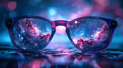 Sunglasses galaxies reflection, futuristic technology