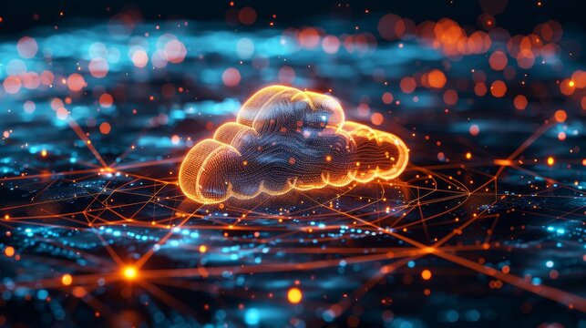 An innovative 3D illustration of a cloud surrounded by a mesh network, highlighting the complex interconnections in modern cloud computing.