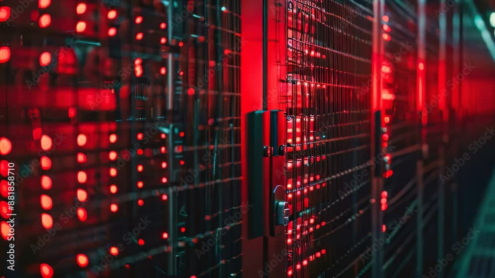 Poster server room in data center with red lighting indicating data activity and security measures, interpr