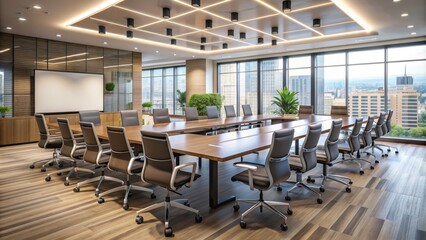 Modern empty conference room with elegant chairs, long tables, and large screens, perfect for corporate training and workshops atmosphere.