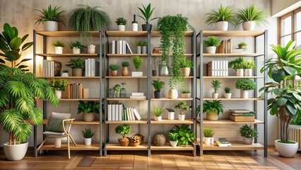 Cozy modern bookshelf adorned with lush green plants and decorative objects creates a calming atmosphere for virtual office backgrounds.