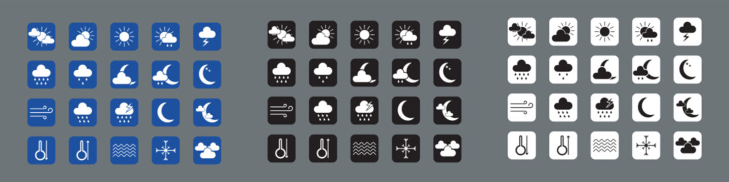 whether icons set, set of 20 weather icons in three different colors