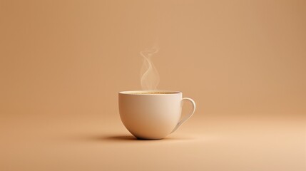 Minimalist beige background with a steaming white coffee cup, creating a warm and inviting atmosphere.
