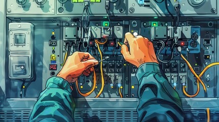 Electrician repairing electrical panel, flat design, top view, maintenance theme, watercolor, Split-complementary color scheme