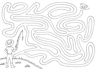 Fishing maze graphic black white sketch illustration vector