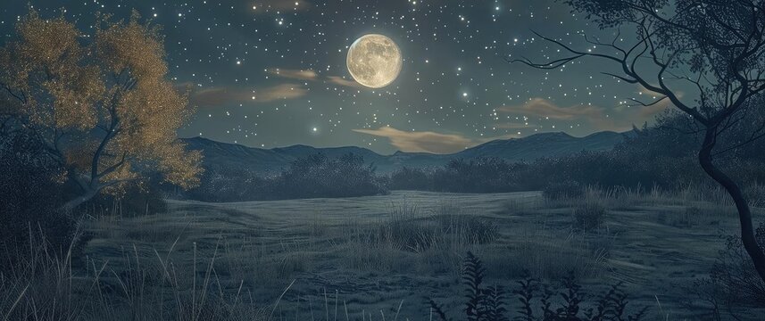 Majestic nighttime landscape with full moon shining over mountains and lake, stars illuminating the serene scenery.