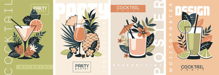 Fototapeta premium Cocktails in a composition with tropical leaves. Daiquiri, pina colada, negroni, mojito. Stylish flat design. Party label, design for cocktail menu or advertising. Decorative print for clothes