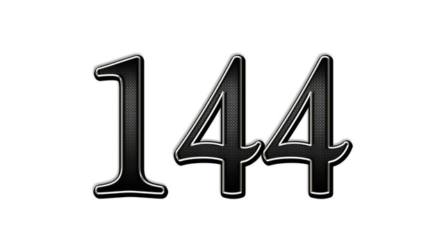 black metal 3d design of number 144 on white background.