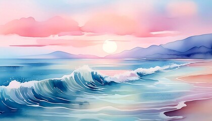 Serene watercolor depiction of a calm sea at dawn, with gentle waves and a pastel sky.