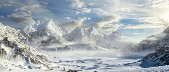 Snow Covered Mountain Range With a Clear Blue Sky on a Sunny Day