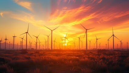 Obraz premium Wind turbines against the backdrop of an orange and blue sunset sky, symbolizing green energy production. Environment and global warming. Climate crisis co2