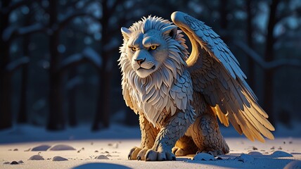 A mythical creature, a type of gryphon, head of a lion, wings of a snow owl. 3D rendering