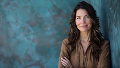 Fototapeta premium Woman happy portrait female smiling young happiness lifestyle beautiful people adult healthy nature cheerful attractive smile cheerful studio leisure, Isolated on a teal background