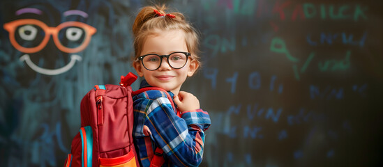 child with backpack on chalkboard background; happy student in a classroom; smiled blond 7s 8s 9s girl in glasses sitting and looking directly; back to school photo with cute nerd