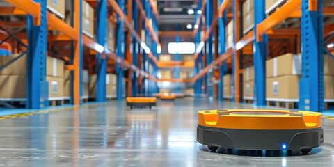 Bright automated warehouse robot on shiny floor, modern storage
