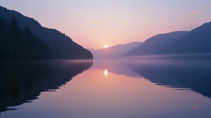 Serene Sunrise Over a Still Lake with Subtle Reflections, sunset, 
