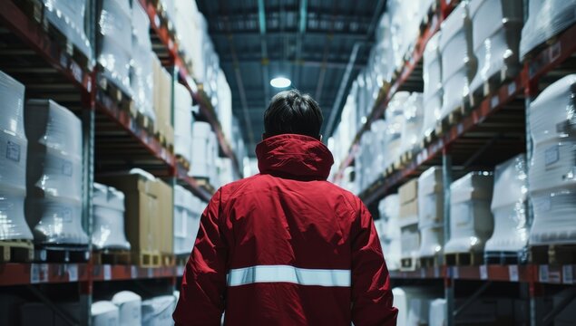 Warehouse worker in a red jacket is walking through the cold storage, surrounded by shelves filled with white plastic boxes and various goods.