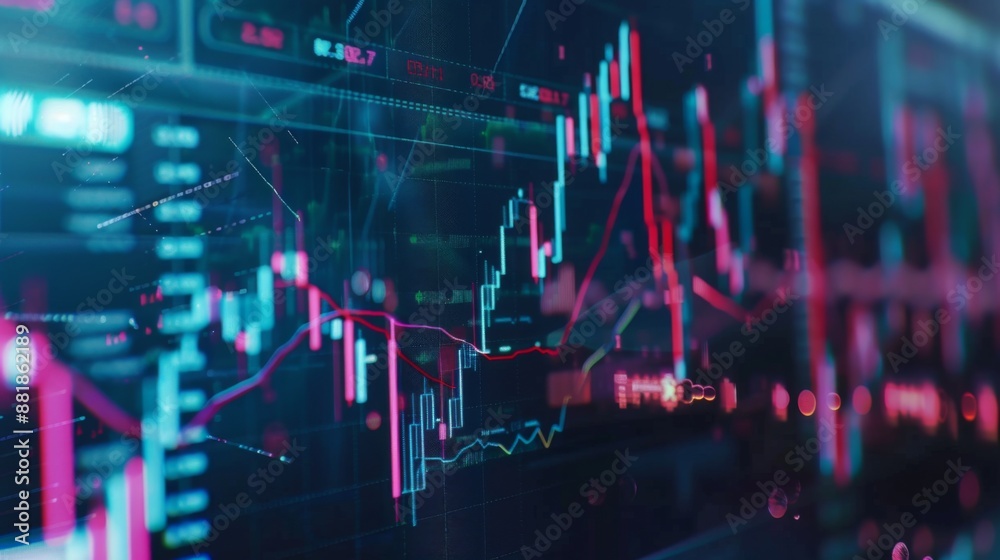 Poster A close-up of a computer screen showing a stock market graph with fluctuating lines and indicators.