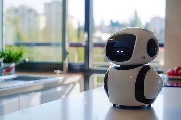 Cute robotic companion on desk with expressive eyes.
