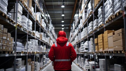 Warehouse worker in a red jacket is walking through the cold storage, surrounded by shelves filled with white plastic boxes and various goods.