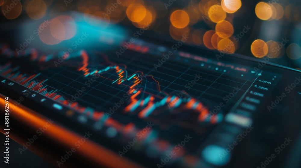 Aufkleber A close-up of a fluctuating stock market graph on a digital tablet screen, showing rising and falling trends.