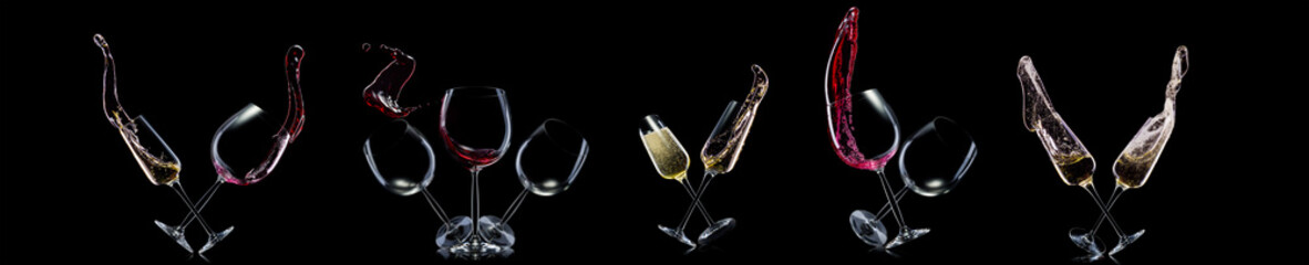 Set of red wine and champagne glasses on isolated on a black background