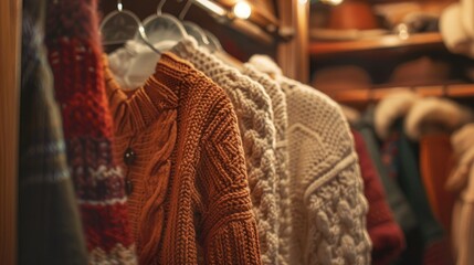 Warm knitted cardigan in closet Fall and winter cozy style