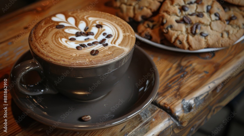 Poster A close-up of a latte with intricate foam art, next to a plate of homemade cookies.