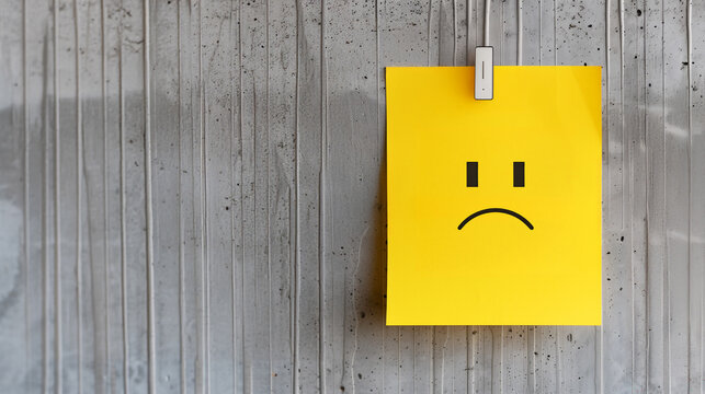 Unhappy frown face, hand drawn on a yellow sticky note, attached to a concrete wall, with room for text, negative emotion