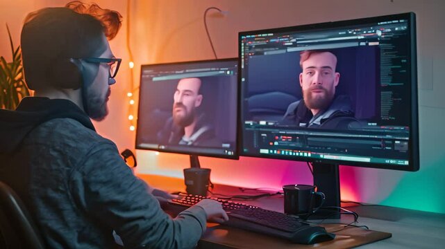 A man concentrates while sitting in front of two computer monitors, working on designing and developing software, Iterative process of designing and developing software