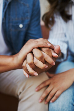 Support, holding hands and couple in relationship for trust, commitment and hope. Anxiety, people and touch for comfort waiting for results, infertility or counseling for marriage improvement or love
