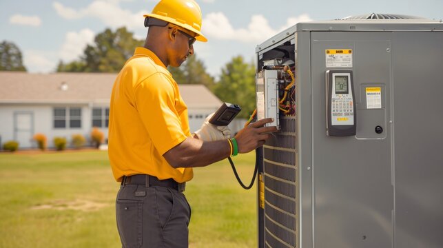 technician checking air conditioner unit using digital manifold gauge