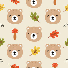 Seamless pattern with cute bear, autumn leaves, mushroom, acorns and oak leaves, Scandinavian style. Baby texture for fabric, nursery decoration, textiles.