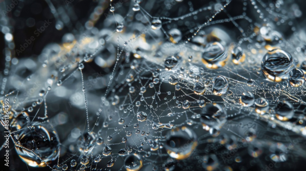 Poster A close-up of water droplets on a web of threads, capturing the delicate balance of tension and nature's beauty.