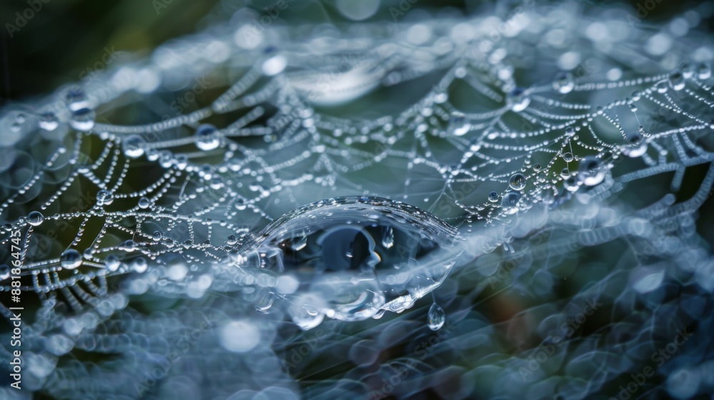 Poster A close-up of water droplets on a web of threads, capturing the delicate balance of tension and nature's beauty.